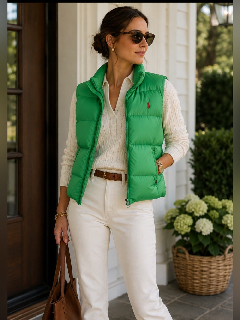 Ralph Lauren Green Down Puffer Vest Red Pony Logo Zip Front Size M Equestrian